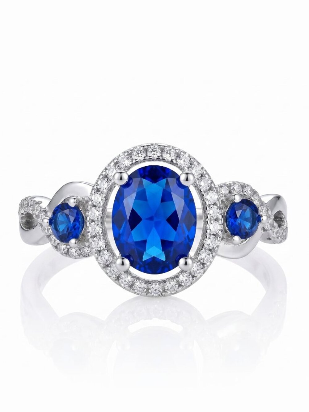 Blue Sapphire Oval Halo Gemstone ring, 925 Sterling Silver
